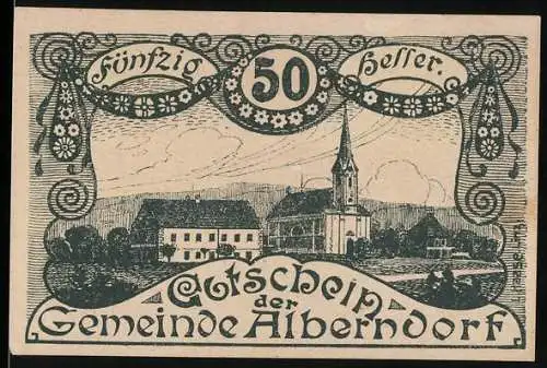 Notgeld Alberndorf 1920, 50 Heller, Kirche und Dorfansicht, Heller-Gutschein der Gemeinde Alberndorf