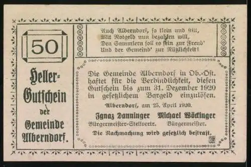 Notgeld Alberndorf 1920, 50 Heller, Kirche und Dorfansicht, Heller-Gutschein der Gemeinde Alberndorf