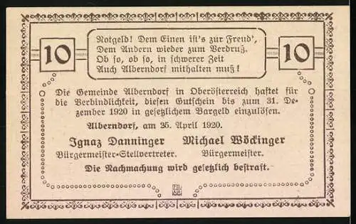 Notgeld Alberndorf 1920, 10 Heller, Landschaft mit Brücke und Waldweg