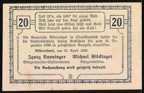 Notgeld Alberndorf 1920, 20 Heller, Schloss Riedegg Motiv