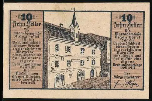 Notgeld Riegersburg 1920, 10 Heller, Gebäude und dekorative Verzierung mit Schriftbändern