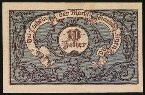 Notgeld Riegersburg 1920, 10 Heller, Gebäude und dekorative Verzierung mit Schriftbändern