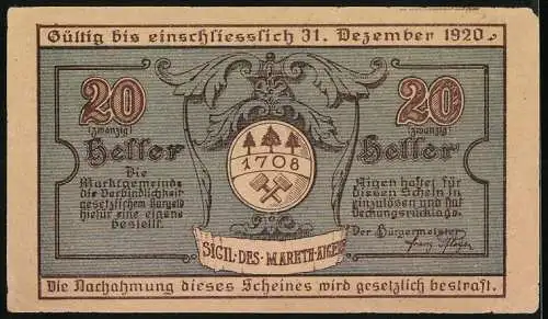 Notgeld Aigen 1920, 20 Heller, Marktplatzansicht und Ortswappen mit Werkzeugen und Bäumen