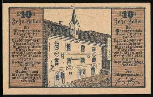 Notgeld Aigen, 10 Heller, historisches Gebäude und dekoratives Bandmotiv