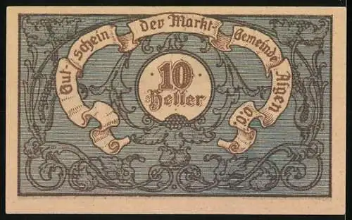 Notgeld Aigen, 10 Heller, historisches Gebäude und dekoratives Bandmotiv