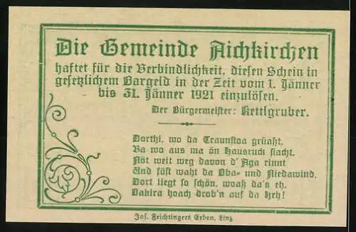 Notgeld Aichkirchen 1921, 20 Heller, florales Motiv und Gedicht, Bürgermeister Kettlgruber