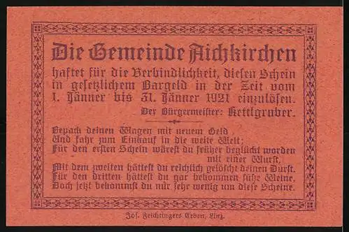 Notgeld Aichkirchen 1920, 50 Heller, Landschaft mit Kirche und dekorativem Textmuster