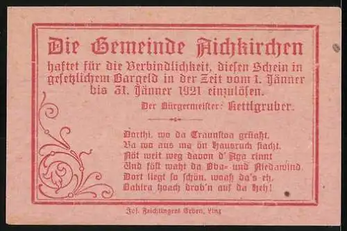 Notgeld Aichkirchen 1921, 10 Heller, florales Motiv und Ortsansicht im Oval