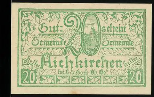 Notgeld Aichkirchen 1921, 20 Heller, florales Muster und poetischer Text über die Gemeinde