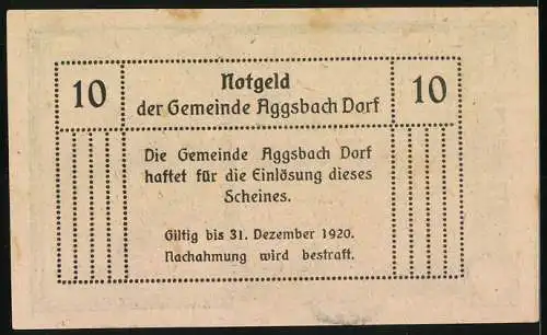 Notgeld Aggsbach Dorf 1920, 10 Heller, Ruine Wolfsstein bei Aggsbach, mit Signatur des Bürgermeisters