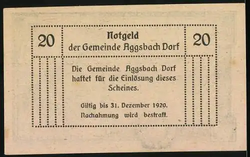 Notgeld Aggsbach Dorf 1920, 20 Heller, Landschaft mit Kirche und Dorfansicht, Gemeinde-Emblem