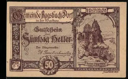 Notgeld Aggsbach Dorf 1920, 50 Heller, Ruine Aggstein und Wappen