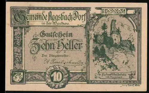 Notgeld Aggsbach Dorf 1920, 10 Heller, Ruine Wolfsstein bei Aggsbach, Wappen, Seriennummer