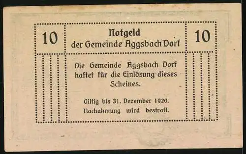 Notgeld Aggsbach Dorf 1920, 10 Heller, Ruine Wolfsstein und Wappen