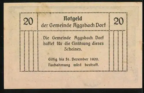 Notgeld Aggsbach Dorf 1920, 20 Heller, Darstellung der Kartause Aggsbach, Wappen der Gemeinde