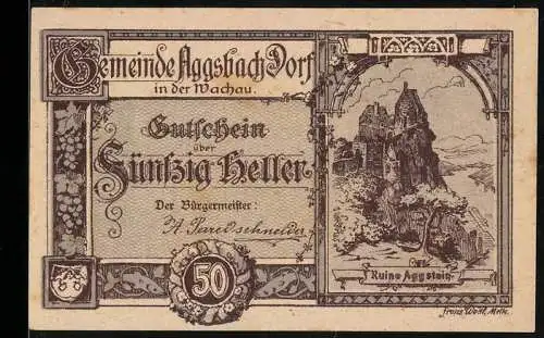 Notgeld Aggsbach Dorf 1920, 50 Heller, Ruine Aggstein, Wappen, Seriennummer