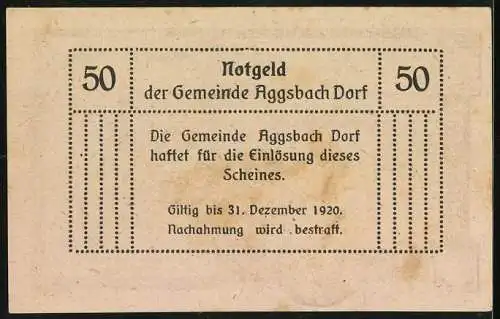 Notgeld Aggsbach Dorf 1920, 50 Heller, Ruine Aggstein, Wappen, Seriennummer