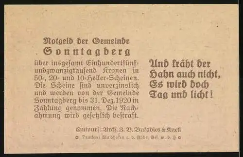 Notgeld Sonntagberg 1920, 20 Heller, Schloss Gleiss, Zitat Und kräht der Hahn auch nicht, es wird doch Tag und Licht!