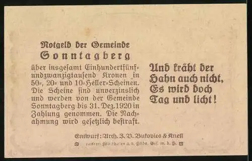 Notgeld Sonntagberg 1920, 20 Heller, Schloss Gleiss 1630, Spruch über Tagesanbruch