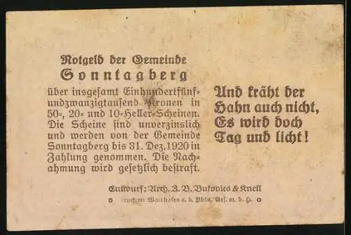 Notgeld Sonntagberg 1920, 20 Heller, Schloss Gleiss 1630, Gedicht und Text auf der Rückseite