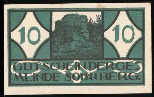 Notgeld Sonnberg 1920, 10 Heller, Felsformation und Text