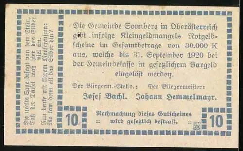 Notgeld Sonnberg 1920, 10 Heller, Felsformation und Text