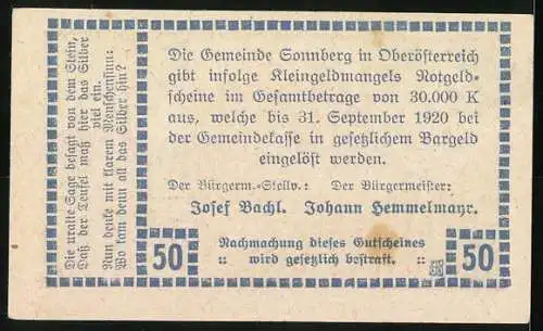 Notgeld Sonnberg 1920, 50 Heller, Felsenlandschaftsmotiv, Josef Bachl und Johann Hemmelmayr unterschrieben