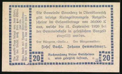 Notgeld Sonnberg 1920, 20 Heller, Felsmotiv, Text über Gültigkeit und Aussteller