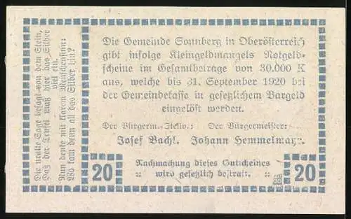 Notgeld Sonnberg 1920, 20 Heller, Felsformation im Wald, Text und Signaturen