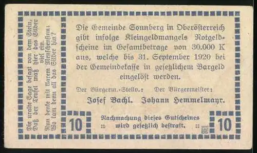 Notgeld Sonnberg 1920, 10 Heller, Felsformation mit grünem Muster und Text über Ausgabe von Notgeld