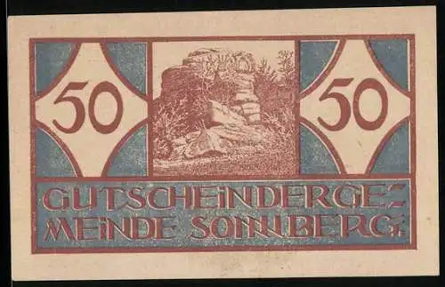 Notgeld Sonnberg 1920, 50 Heller, Felsenlandschaftsmotiv und Text zur Einlösung