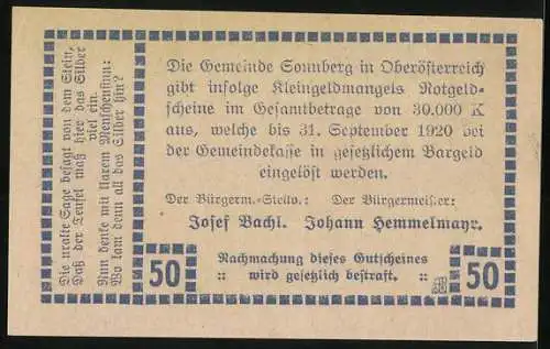 Notgeld Sonnberg 1920, 50 Heller, Felsenlandschaftsmotiv und Text zur Einlösung