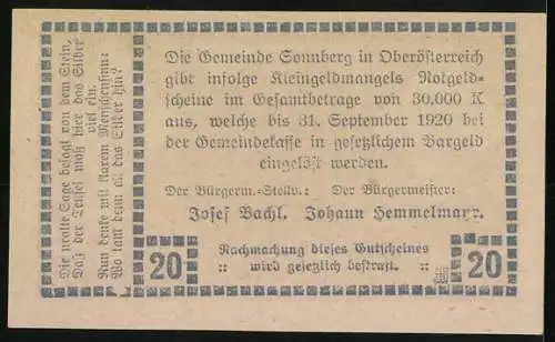 Notgeld Sonnberg 1920, 20 Heller, Felsformation-Motiv