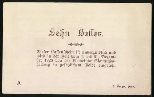 Notgeld Sigmundsherberg 1920, 10 Heller, dekoratives Textdesign, Unterschriften der Bürgermeister