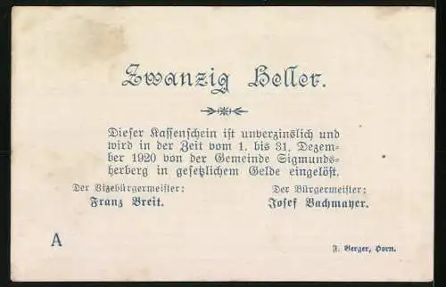 Notgeld Sigmundsherberg 1920, 20 Heller, florales Motiv mit Schriftzug und Signaturen