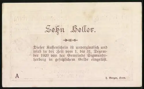 Notgeld Sigmundsherberg 1920, 10 Heller, Gutschein mit Unterschriften und Verzinsungshinweis