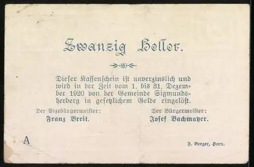 Notgeld Sigmundsherberg 1920, 20 Heller, Schrift und Verzierungen, Unterschriften des Bürgermeisters