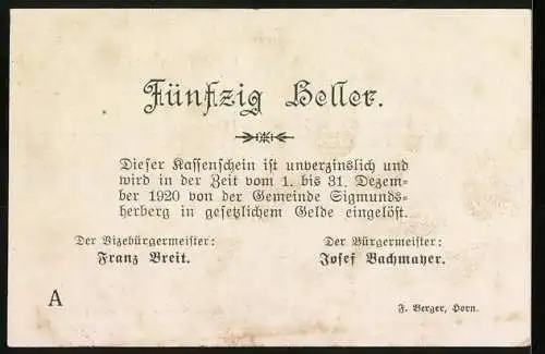 Notgeld Sigmundsherberg 1920, 50 Heller, Stadtansicht und Zitat über Not und Brotknappheit