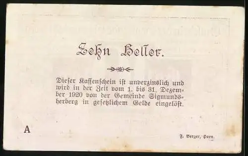 Notgeld Sigmundsherberg 1920, 10 Heller, Gutschein der Gemeinde mit Zinslos-Vermerk