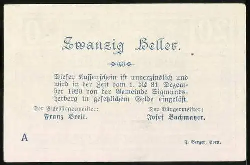 Notgeld Sigmundsherberg 1920, 20 Heller, florales Motiv mit Gedicht und dekorativem Rahmenmuster