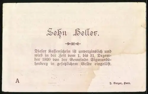 Notgeld Sigmundsherberg 1920, 10 Heller, violette Schrift und Verzierungen, Unterschriften des Bürgermeisters