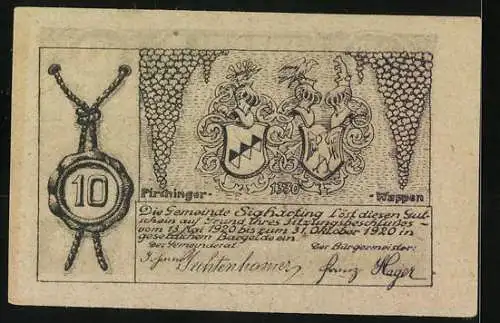 Notgeld Sigharting 1920, 10 Heller, Schloss und Wappen mit Signatur des Bürgermeisters