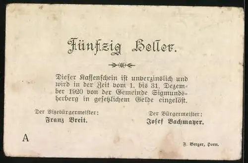 Notgeld Sigmundsherberg 1920, 50 Heller, Stadtansicht mit Zitat von Uhland