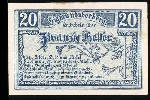 Notgeld Sigmundsherberg 1920, 20 Heller, Schriftzug und florale Verzierung