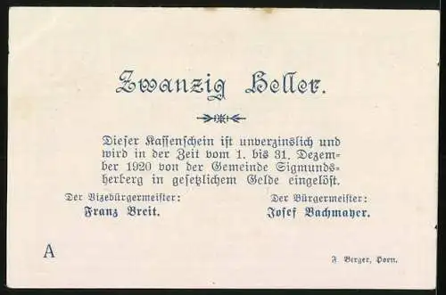 Notgeld Sigmundsherberg 1920, 20 Heller, Schriftzug und florale Verzierung