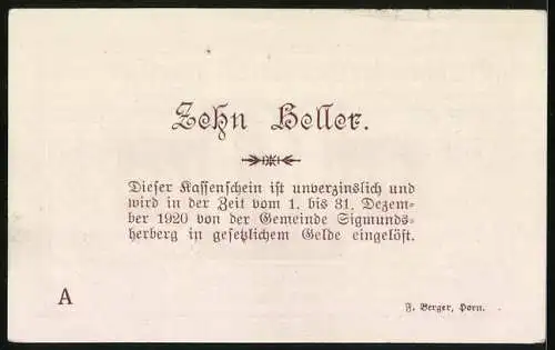 Notgeld Sigmundsherberg 1920, 10 Heller, stilisiertes Design mit Unterschriften und Text