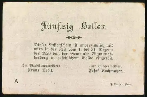 Notgeld Sigmundsherberg 1920, 50 Heller, Stadtansicht und Spruch über Not und Brot