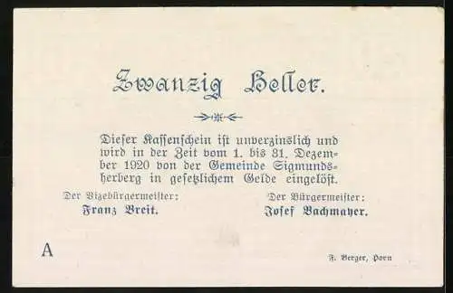 Notgeld Sigmundsherberg 1920, 20 Heller, verschnörkelte Schrift und florale Verzierungen