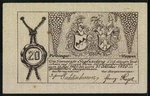 Notgeld Sigharting 1920, 20 Heller, Schloss und Wappen der Gemeinde Sigharting im Innviertel