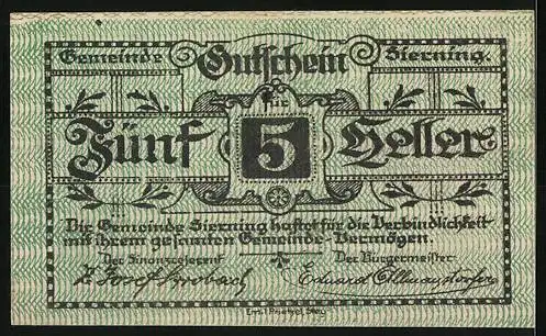 Notgeld Sierning 1920, 5 Heller, Bauer mit Sense und Landschaftsmotiv